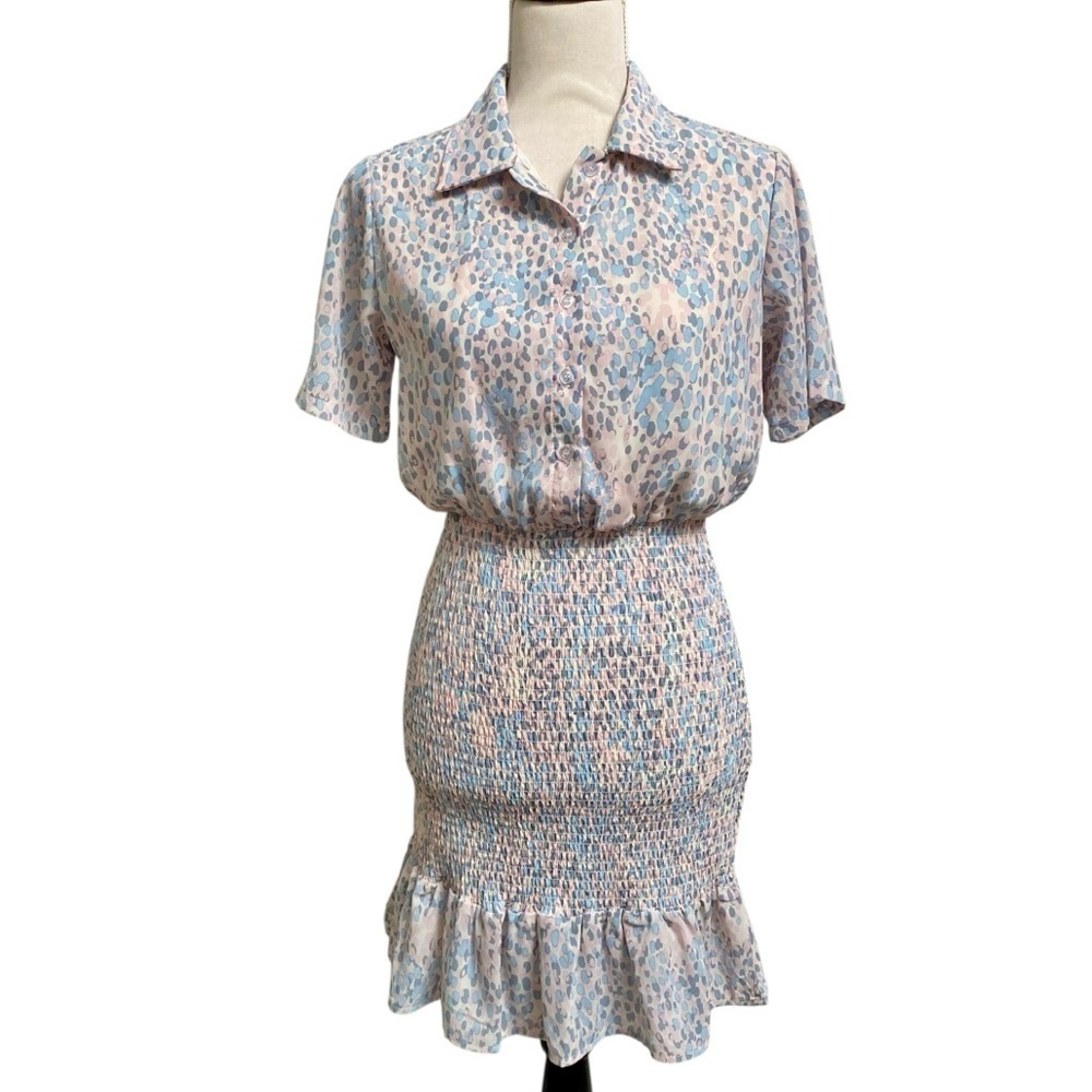 AQUA NWT Pastel Leopard Smocked Mini Dress Pink Blue Size S - Picture 2 of 12
